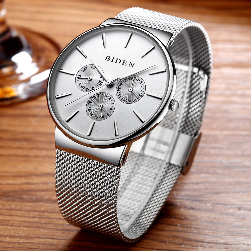 BIDEN Luxury Brand Men Watch Ultra Thin Stainless Steel Clock Male Quartz Sport Watch Men Waterp...