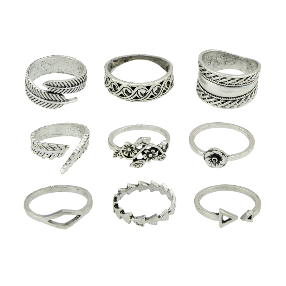 9Pcs Vintage Style Bohemian Jewelry with Flower Leaf Geometric Shape Ring Set for Women