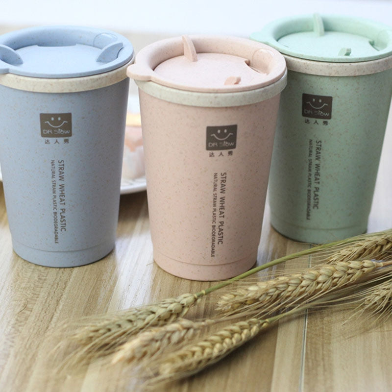 DIHE Wheat Straw Double Deck Open Cup Convenient Cute Heat Preservation
