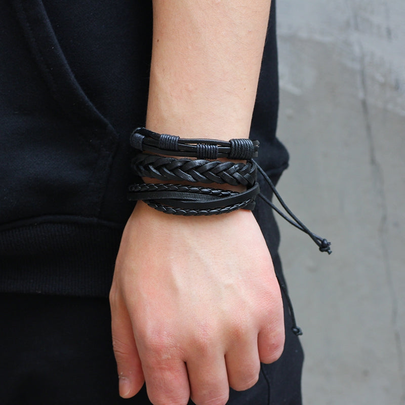 6 Pcs Vintage Punk Style Hand Woven Leather DIY Bracelet