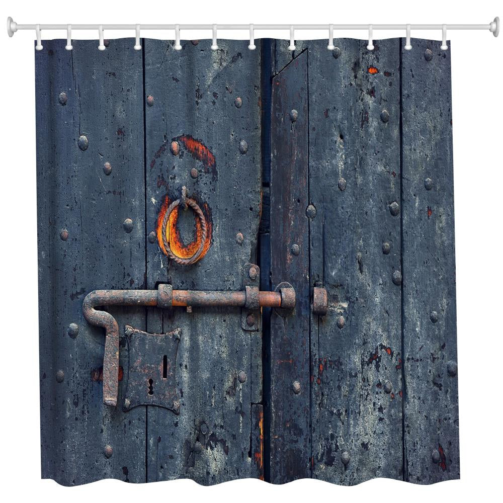 Burning Wooden Door Polyester Shower Curtain Bathroom Curtain High Definition 3D Printing Water-...