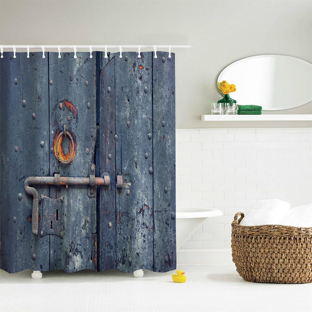 Burning Wooden Door Polyester Shower Curtain Bathroom Curtain High Definition 3D Printing Water-...