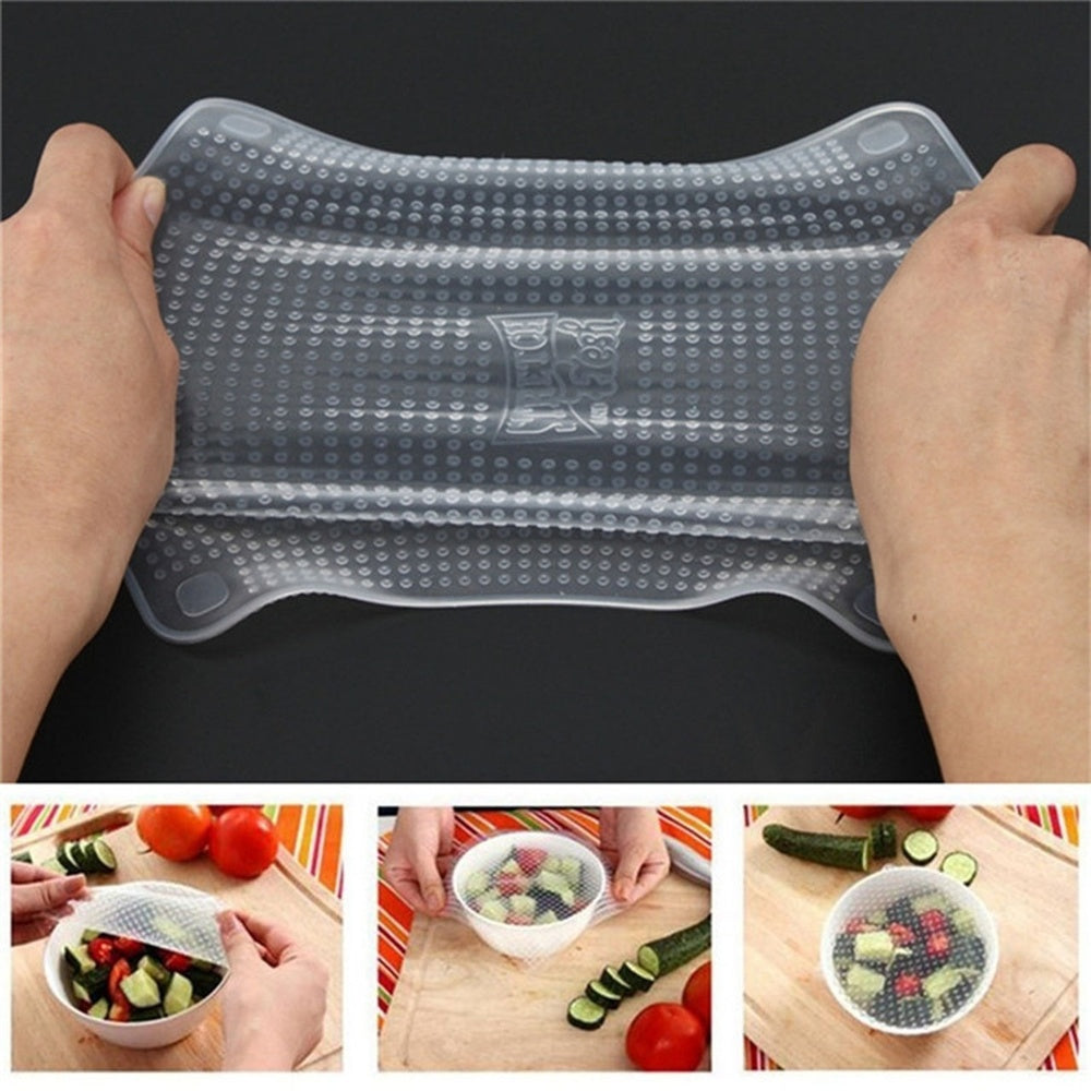 4 PCS Set Kitchen Tool Reusable Silicone Food Wrap Seal Cover Stretch Cling Film