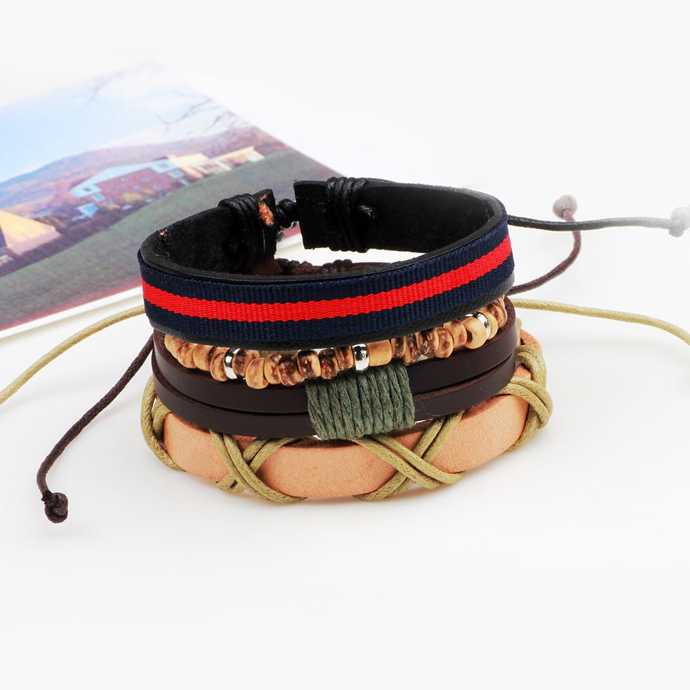 4 Pcs Vintage Diy Rope Woven Leather Bracelet