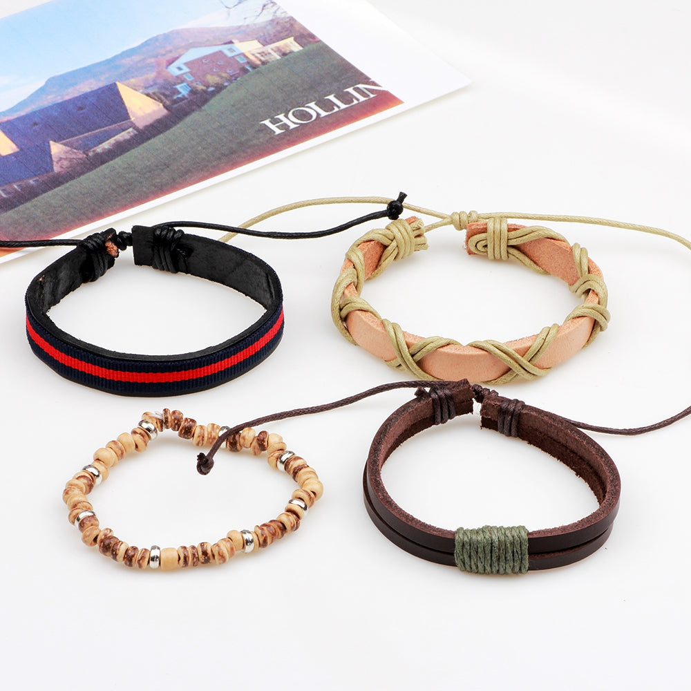 4 Pcs Vintage Diy Rope Woven Leather Bracelet