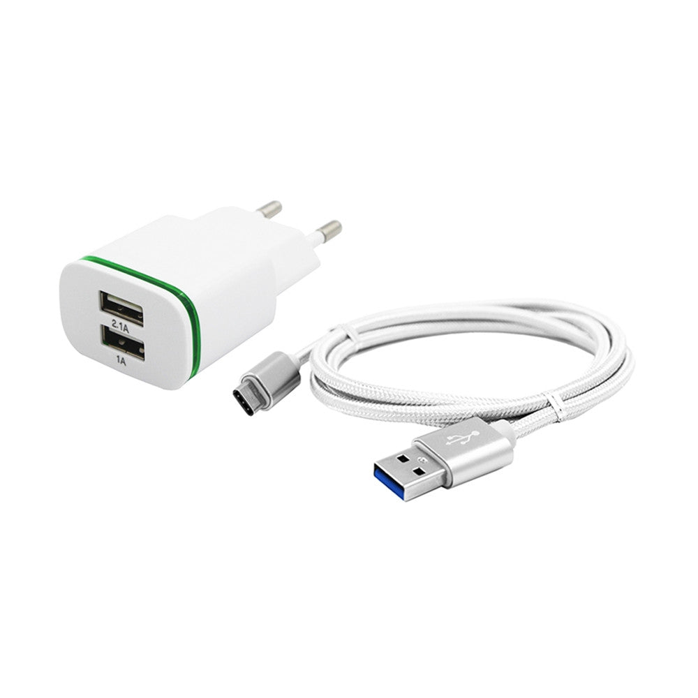 2-PORT 5V Fast-Charging Eu Plug Power Charger + Usb 3.1 Type C Cable