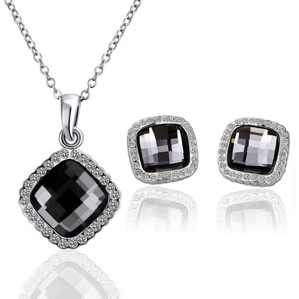 A Suit of Square Shape Rhinestone Necklace and Earrings