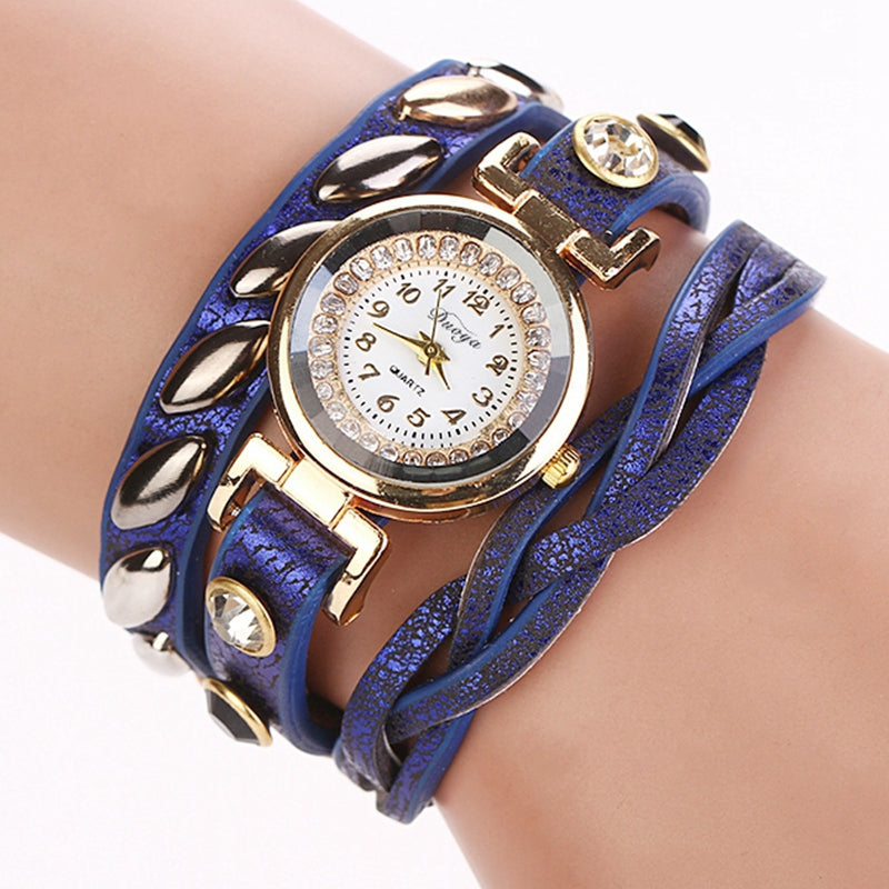 DUOYA D019 Women's Around 3th Rhinestone Braided Belt Leather Watch