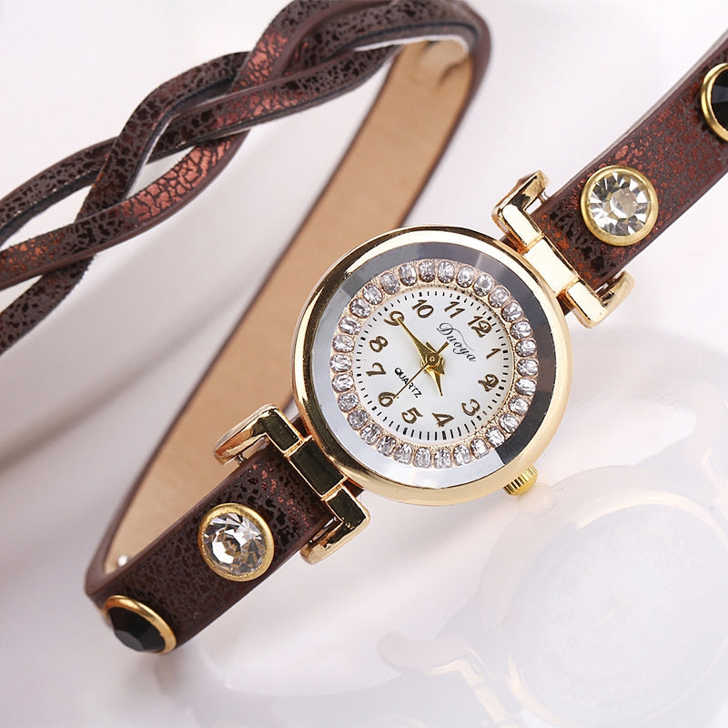 DUOYA D019 Women's Around 3th Rhinestone Braided Belt Leather Watch