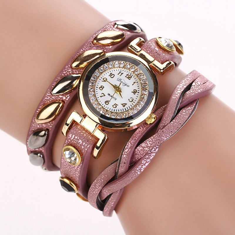 DUOYA D019 Women's Around 3th Rhinestone Braided Belt Leather Watch