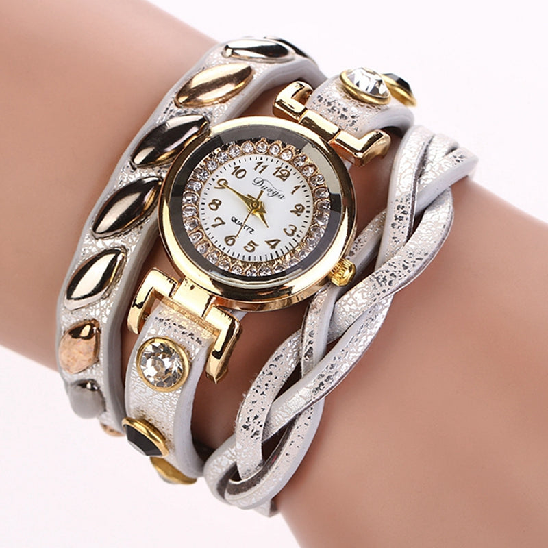 DUOYA D019 Women's Around 3th Rhinestone Braided Belt Leather Watch