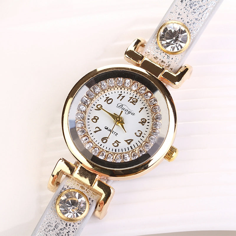 DUOYA D019 Women's Around 3th Rhinestone Braided Belt Leather Watch