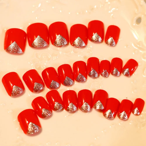 24 PCS Chic Glitter Powder Embellished Red Nail Art False Nails