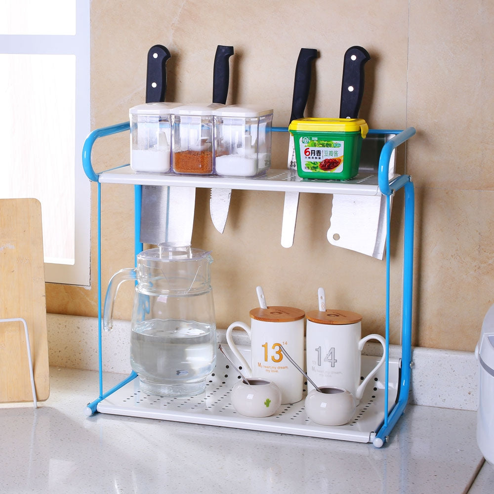2 Tier Rack Kitchen Bathroom Countertop Storage Organizer Spice Jars Bottle Standing Shelf