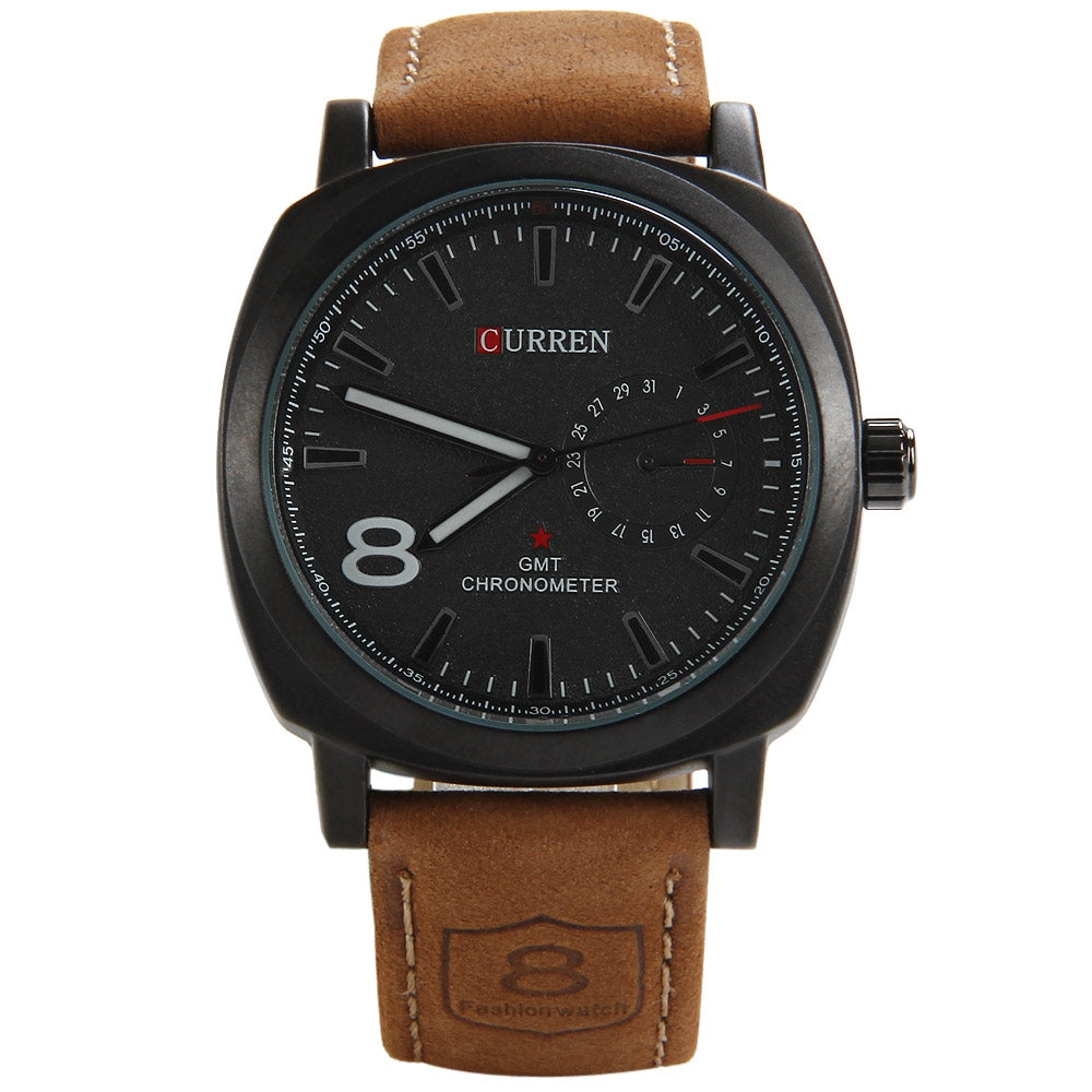 CURREN 8139 Unisex Quartz Watch 1 Arabic Number and Trapezoids Indicate Leather Band Wristwatch