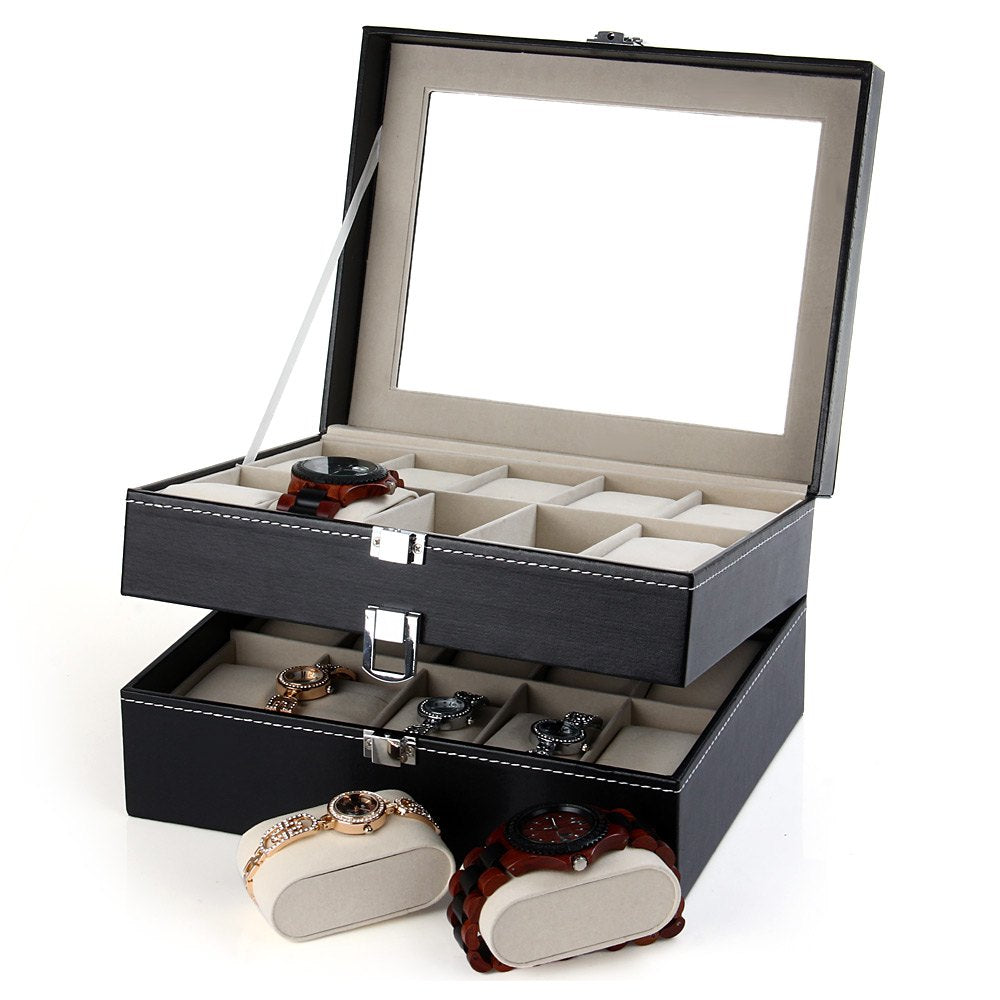 20 Grids Watch Display Case PU Leather Jewelry Storage Box Organizer