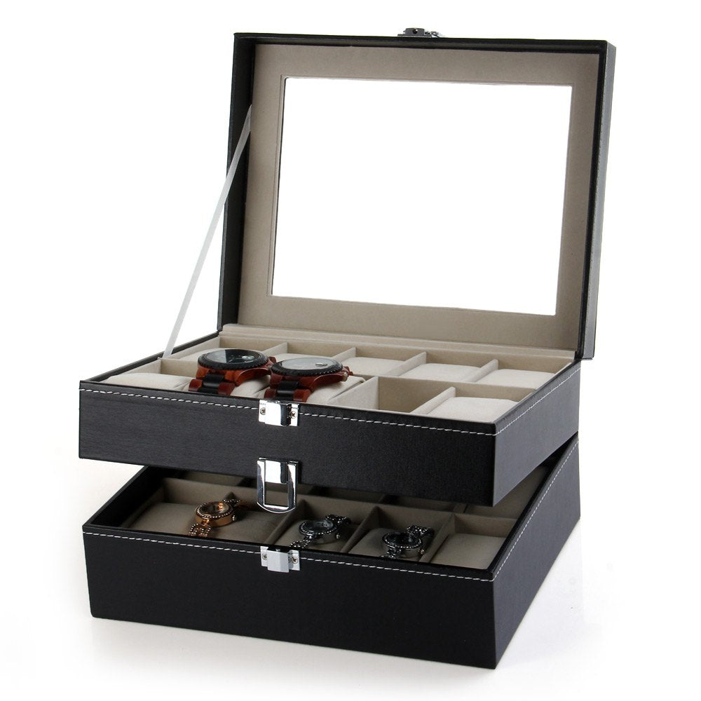 20 Grids Watch Display Case PU Leather Jewelry Storage Box Organizer