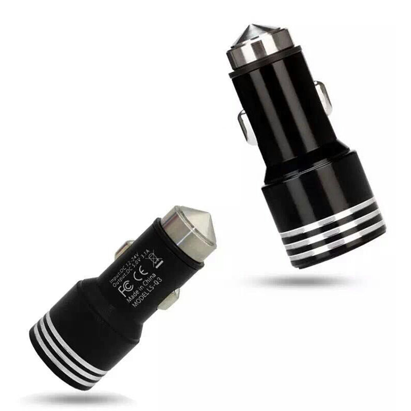 Dual USB Aluminum Car Charger Safety Hammer Mini Portable Travel Chargering for Mobiles