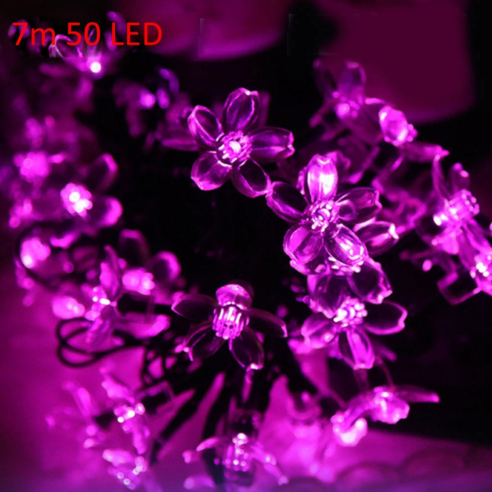 Christmas Tree Decors 7m 50 LED Solar String Light Peach Blossom Shape Lamp Xmas Tree Ornament