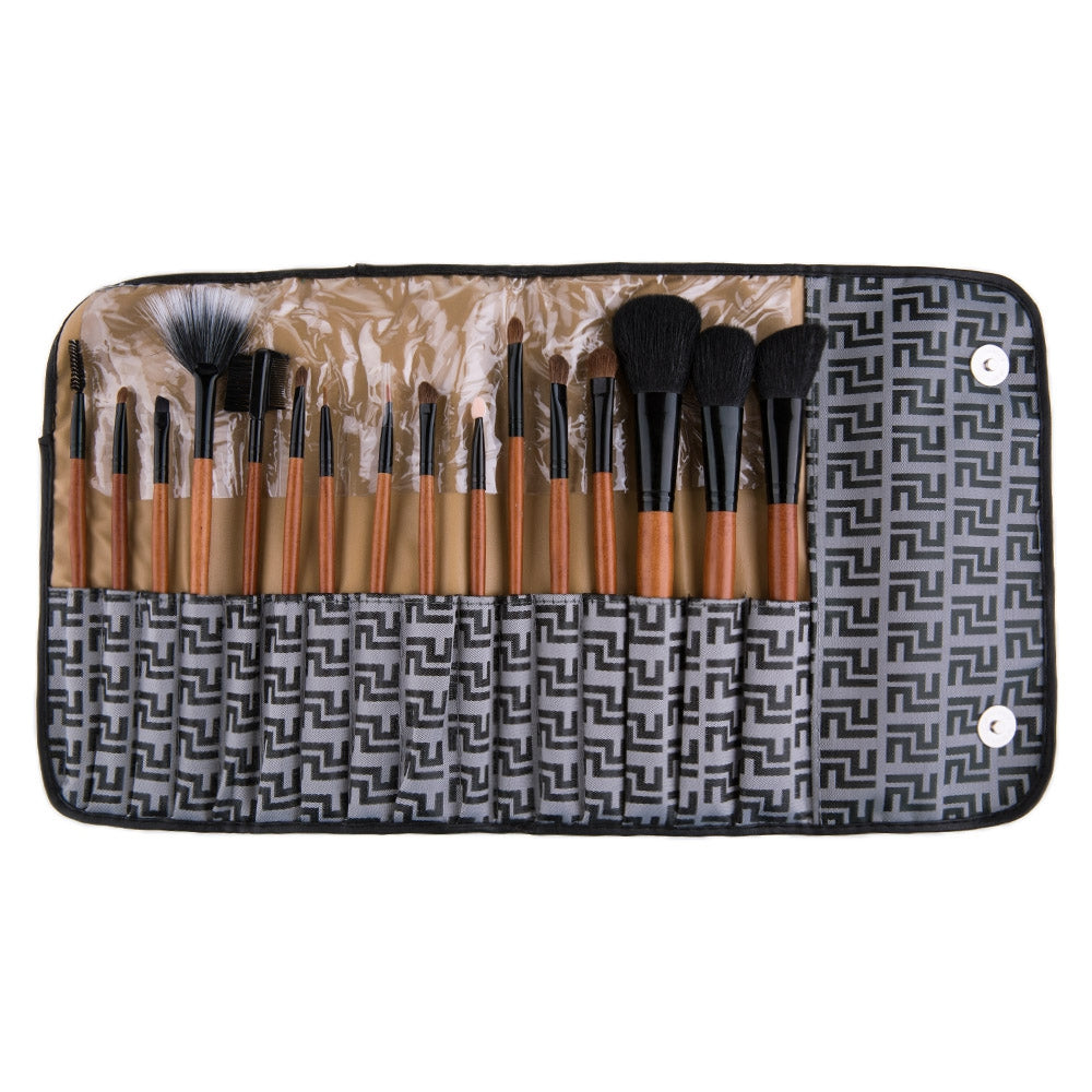 Beauty 16 Pcs Wool Brush Set Makeup Cosmetic with Plaid Gray Bag