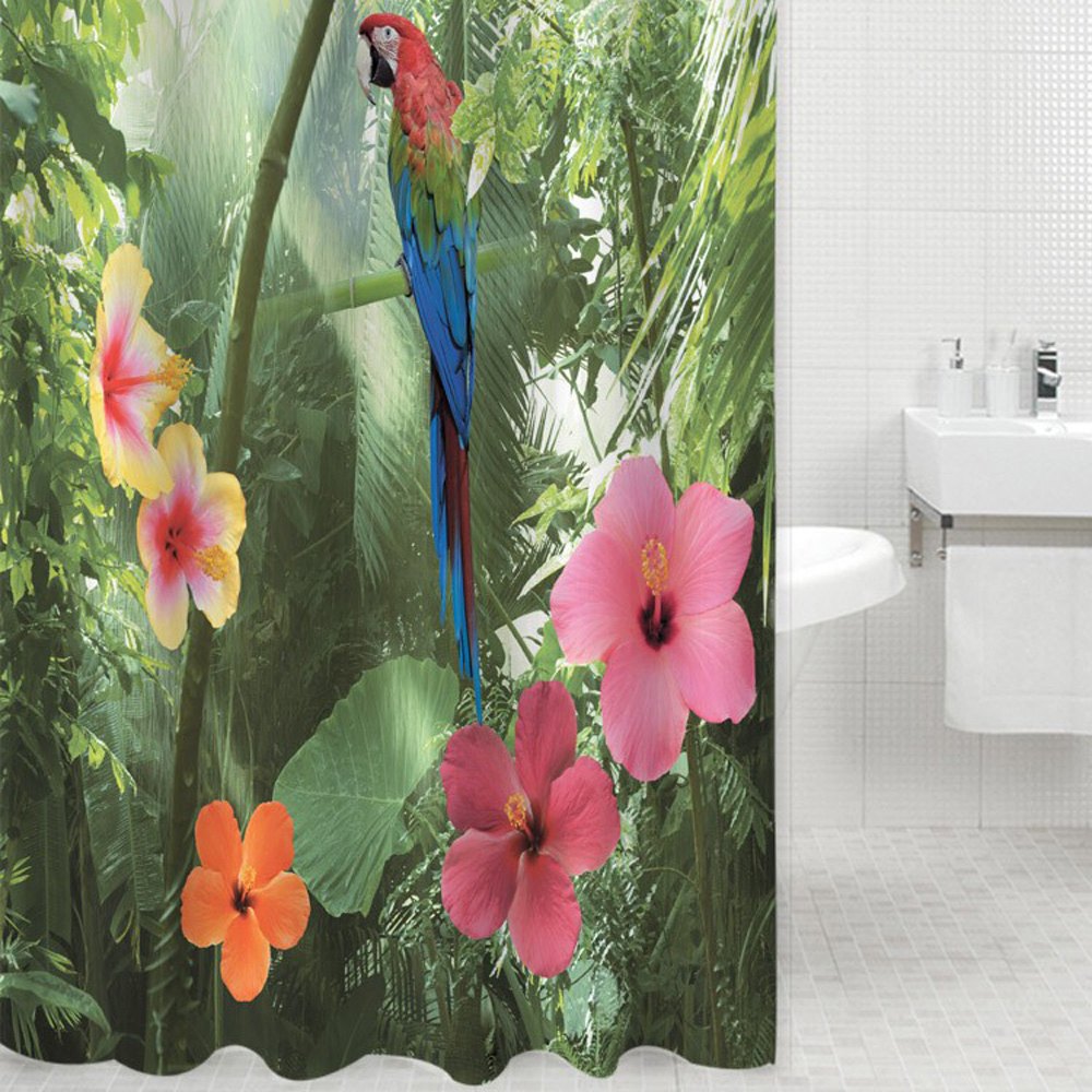 3D Waterproof Polyester Shower Curtain Parrot Nature Pattern with 12 Plastic Hooks