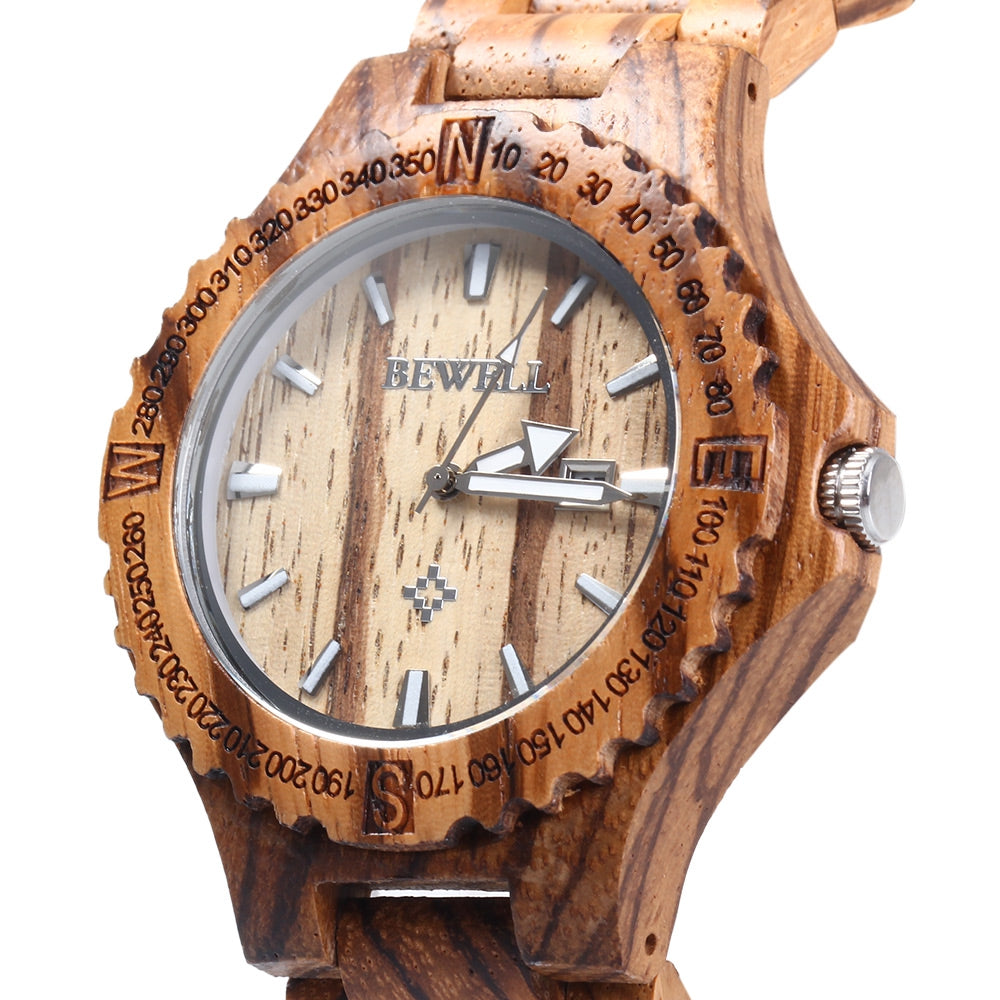 BEWELL ZS - W023A Male Wooden Date Quartz Wrist Watch with Gear Shape Bezel