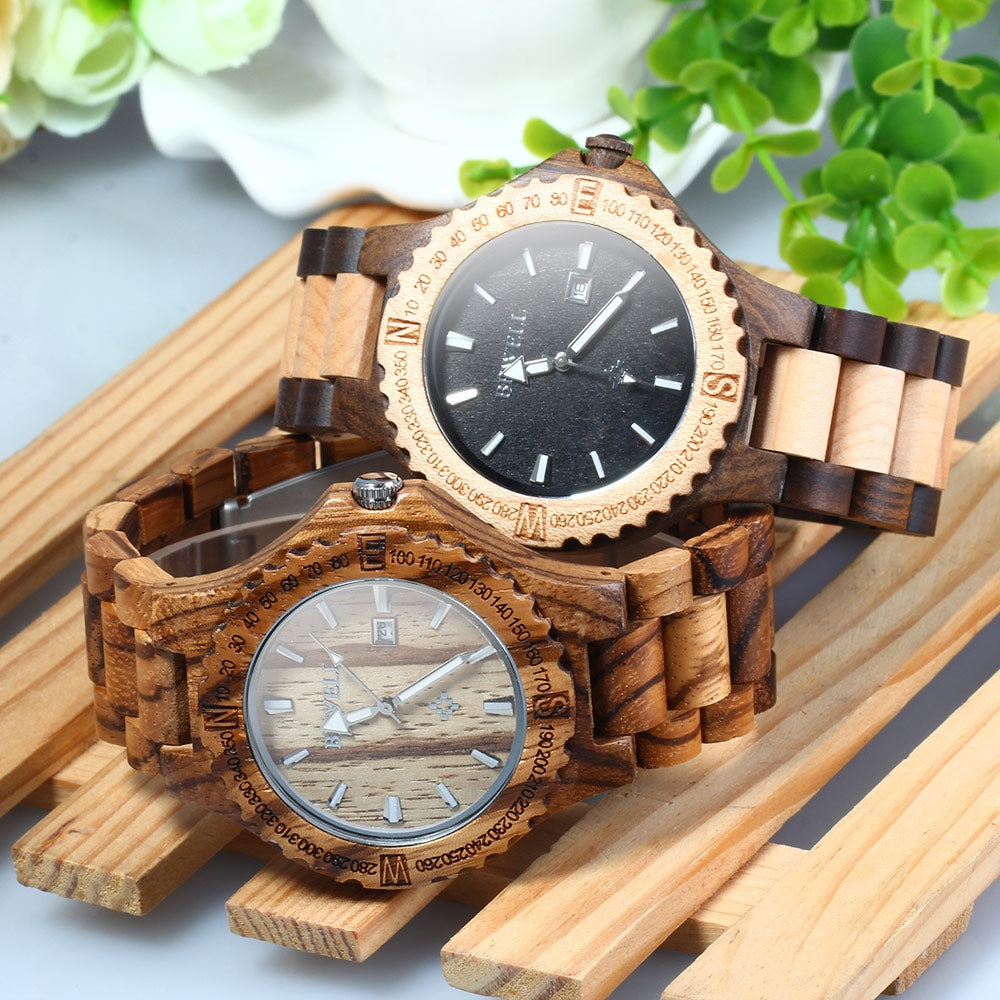 BEWELL ZS - W023A Male Wooden Date Quartz Wrist Watch with Gear Shape Bezel