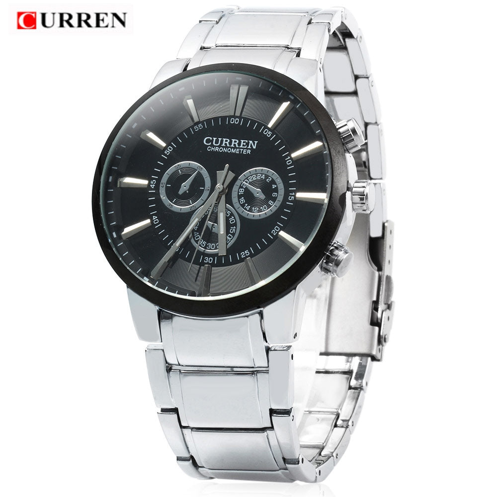 CURREN 8001 Male Steel Band Big Dial Quartz Watch with Decorating Three Small Sub-dials