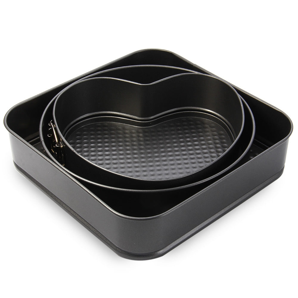 3 Set Non-stick Springform Cake Pan Bakeware Mould with Removable Bottom Round Heart Square Shape