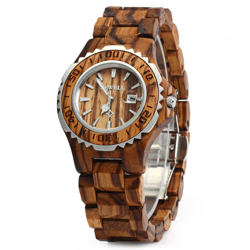 BEWELL ZS-100BL Metal Case Wooden Women Quartz Watch with 30M Water Resistance