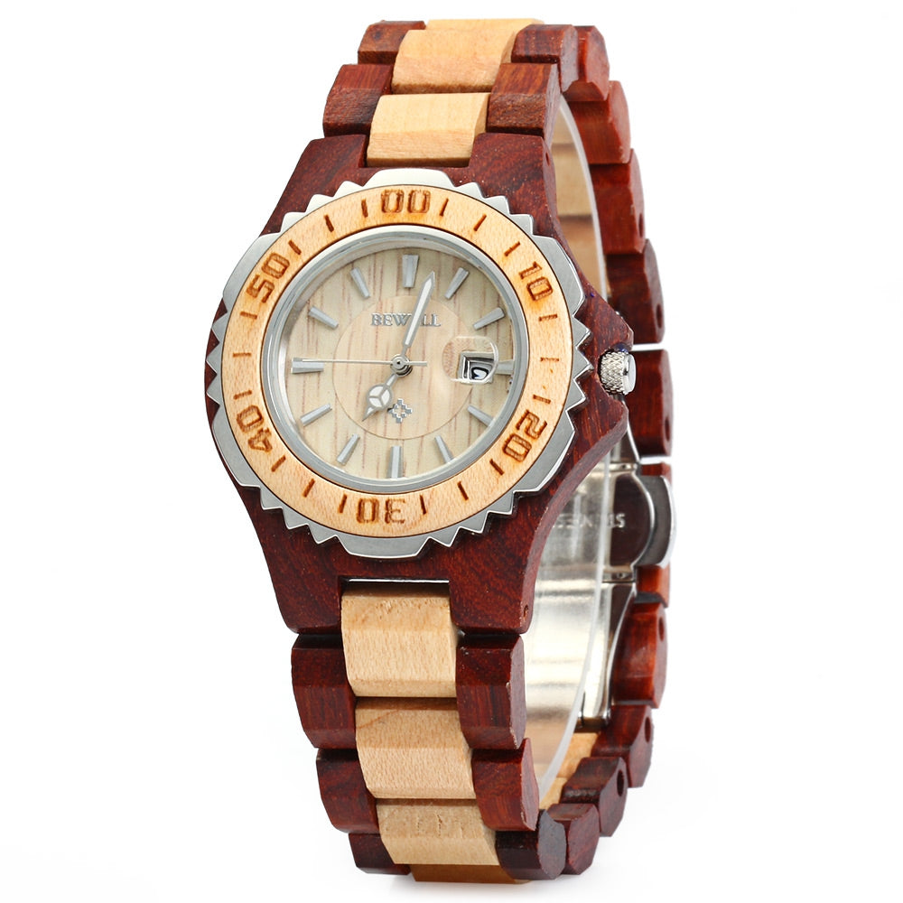 BEWELL ZS-100BL Metal Case Wooden Women Quartz Watch with 30M Water Resistance