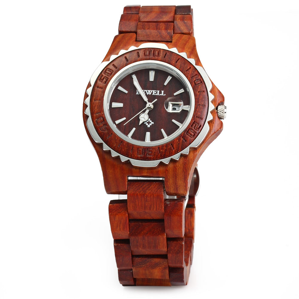 BEWELL ZS-100BL Metal Case Wooden Women Quartz Watch with 30M Water Resistance