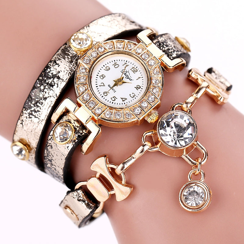 DUOYA D029 Ladies Leather Strap Watches Luxury Gold Bracelet Wrist Watch