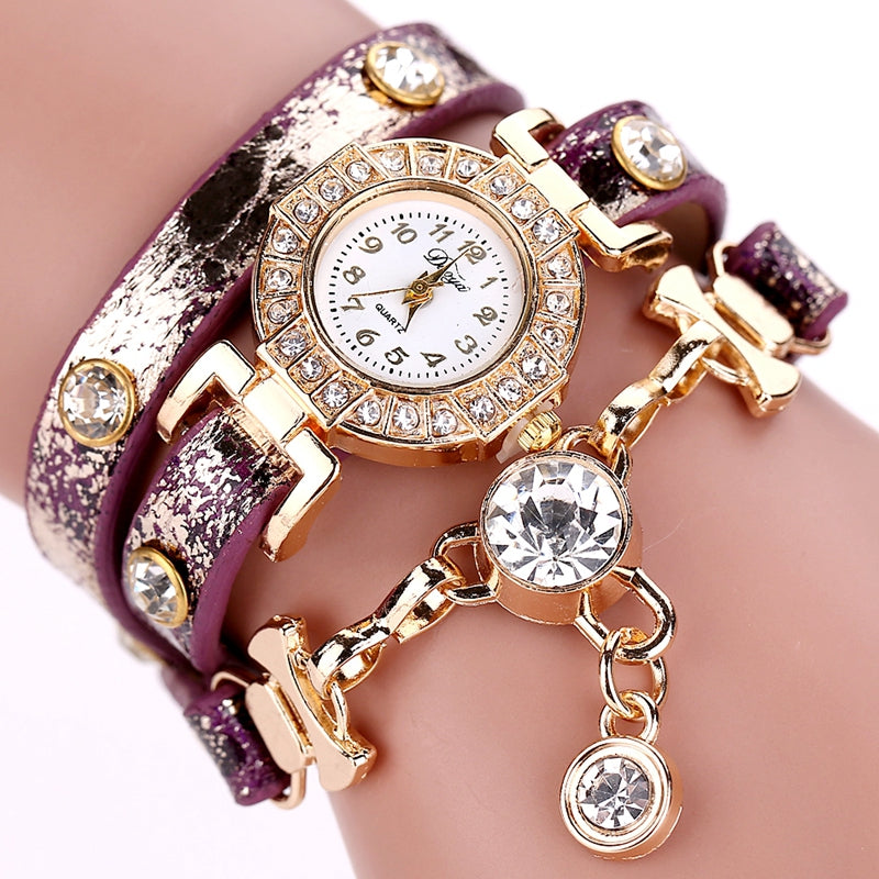 DUOYA D029 Ladies Leather Strap Watches Luxury Gold Bracelet Wrist Watch