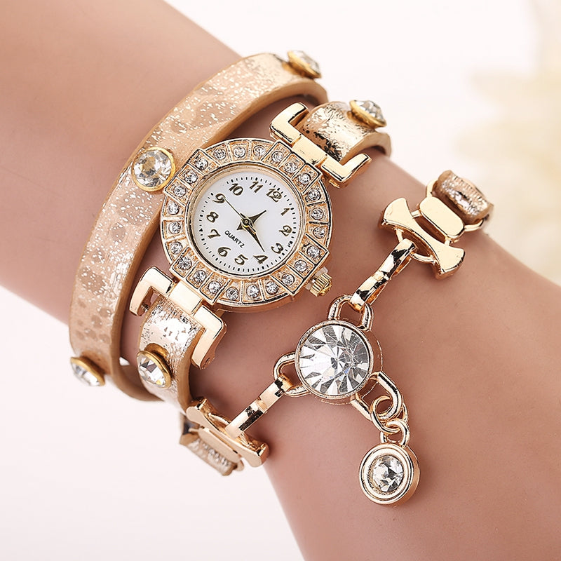 DUOYA D029 Ladies Leather Strap Watches Luxury Gold Bracelet Wrist Watch