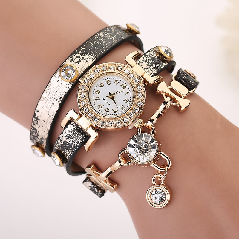 DUOYA D029 Ladies Leather Strap Watches Luxury Gold Bracelet Wrist Watch