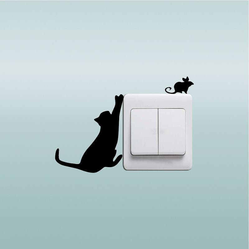 DSU Cat Catching Mouse Silhouette Light Switch Sticker Funny Animal Vinyl Wall Decal