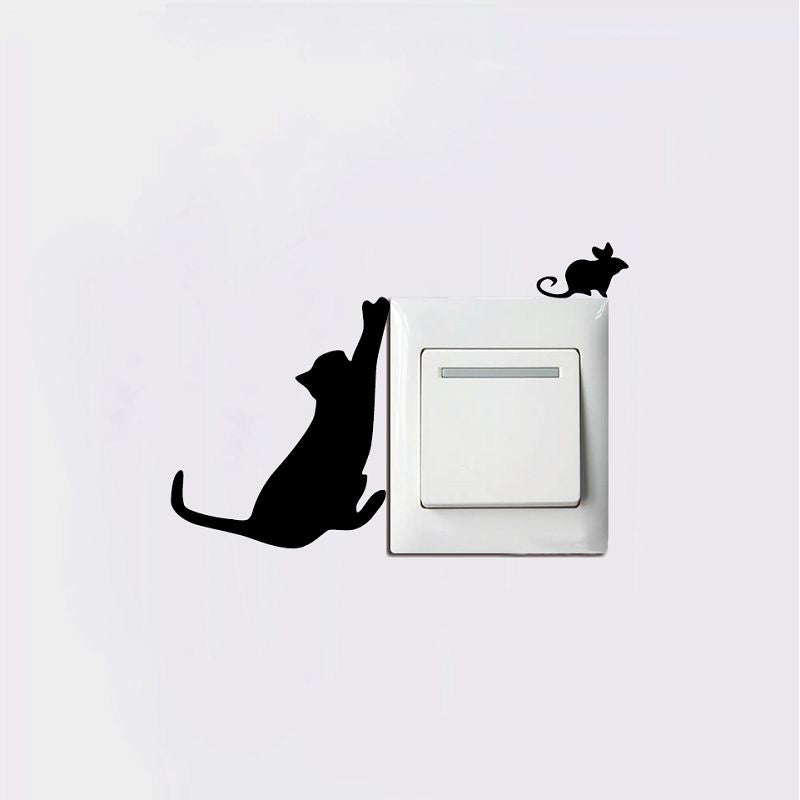DSU Cat Catching Mouse Silhouette Light Switch Sticker Funny Animal Vinyl Wall Decal
