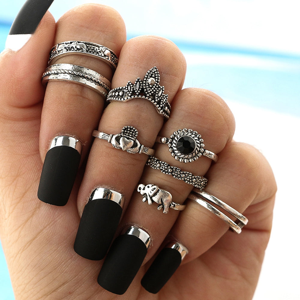 8pcs Bohemia Jewelry Bijoux  With Black Stone Crown Elephant Shape Concise Finger Rings