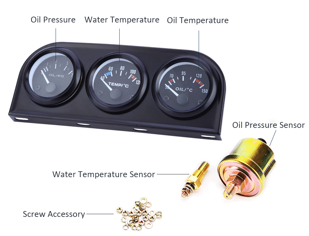 B735 52MM 3 in1 Car Accuracy Meter Auto Gauge Water Temperature Oil Pressure Sensor Triple Kit