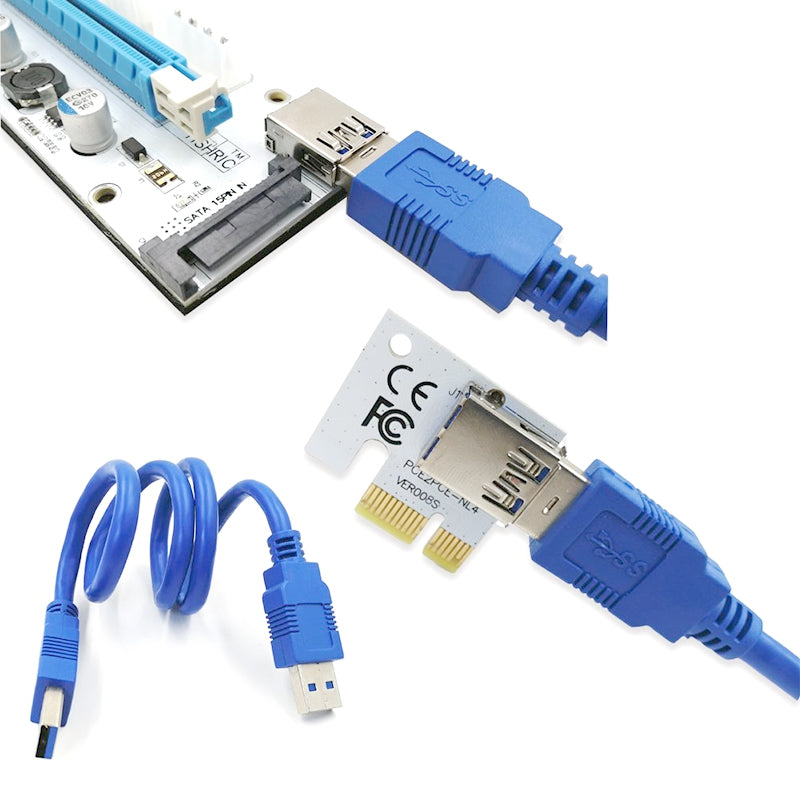 008S PCI-E Express 1x to 16x USB Riser Adapter Card Cable Molex/6pin/Sata USB 3.1 Extension Conn...