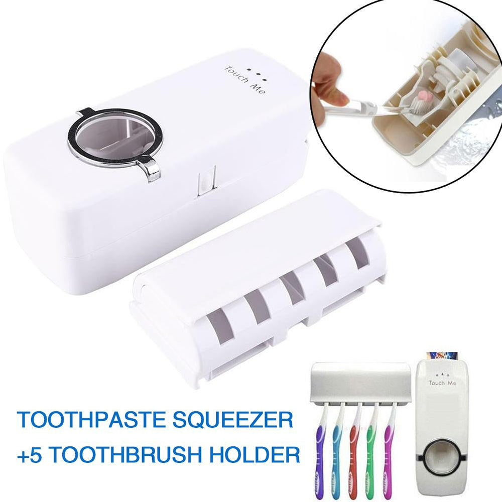 Bathroom Accessories Automatic Auto Toothpaste Dispenser + 5 Toothbrush Holder Set Wall Mount Stand