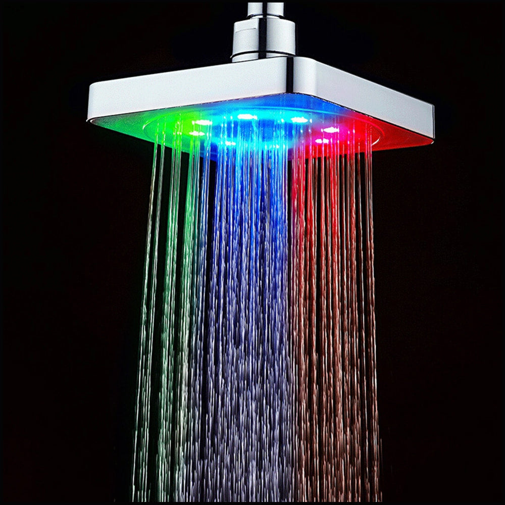 6 Inch Square 7 Colors Changing LED Shower Head Bathroom Rainfall Spray Heads