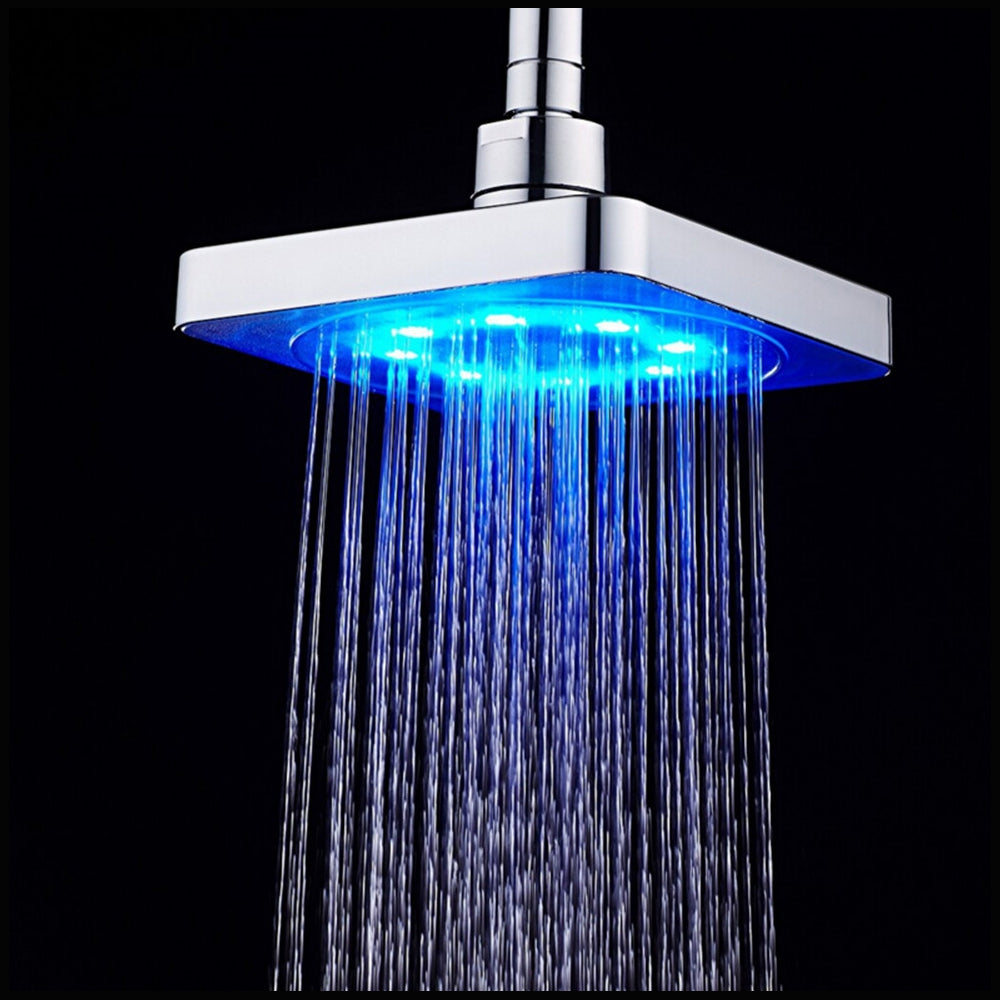 6 Inch Square 7 Colors Changing LED Shower Head Bathroom Rainfall Spray Heads