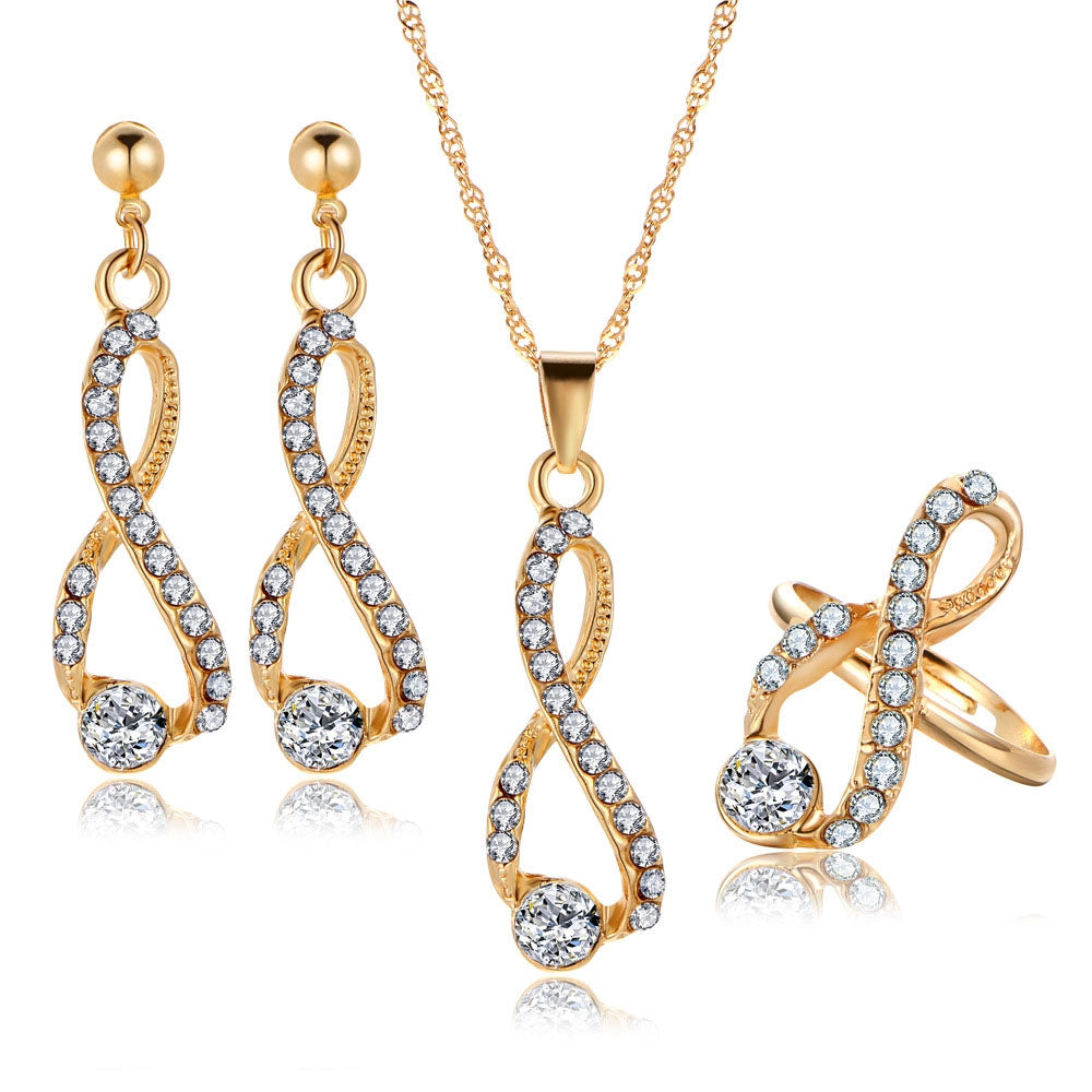 3PCS Luxury Crystal Diamond Earrings Necklace Ring Set