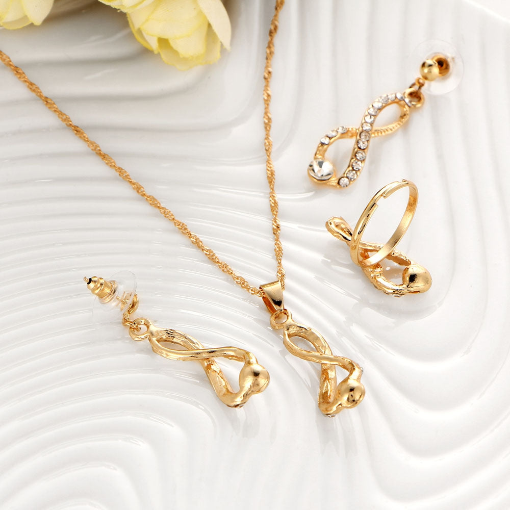 3PCS Luxury Crystal Diamond Earrings Necklace Ring Set