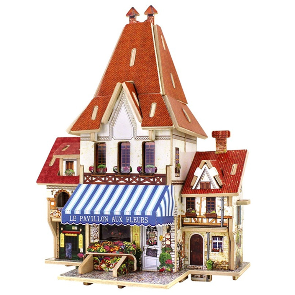 Creative 3D Wood Puzzle DIY Model French Style Flower Shop Building Puzzle Toy