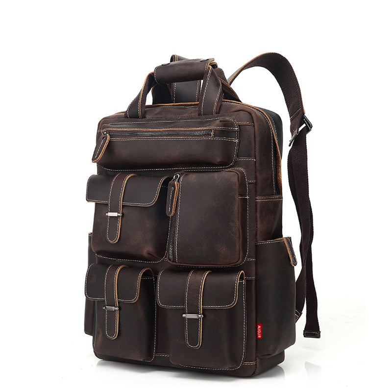 AUGUR Men Backpack Retro Genuine Leather Multi Pocket Waterproof Travelling Large Capacity Bag