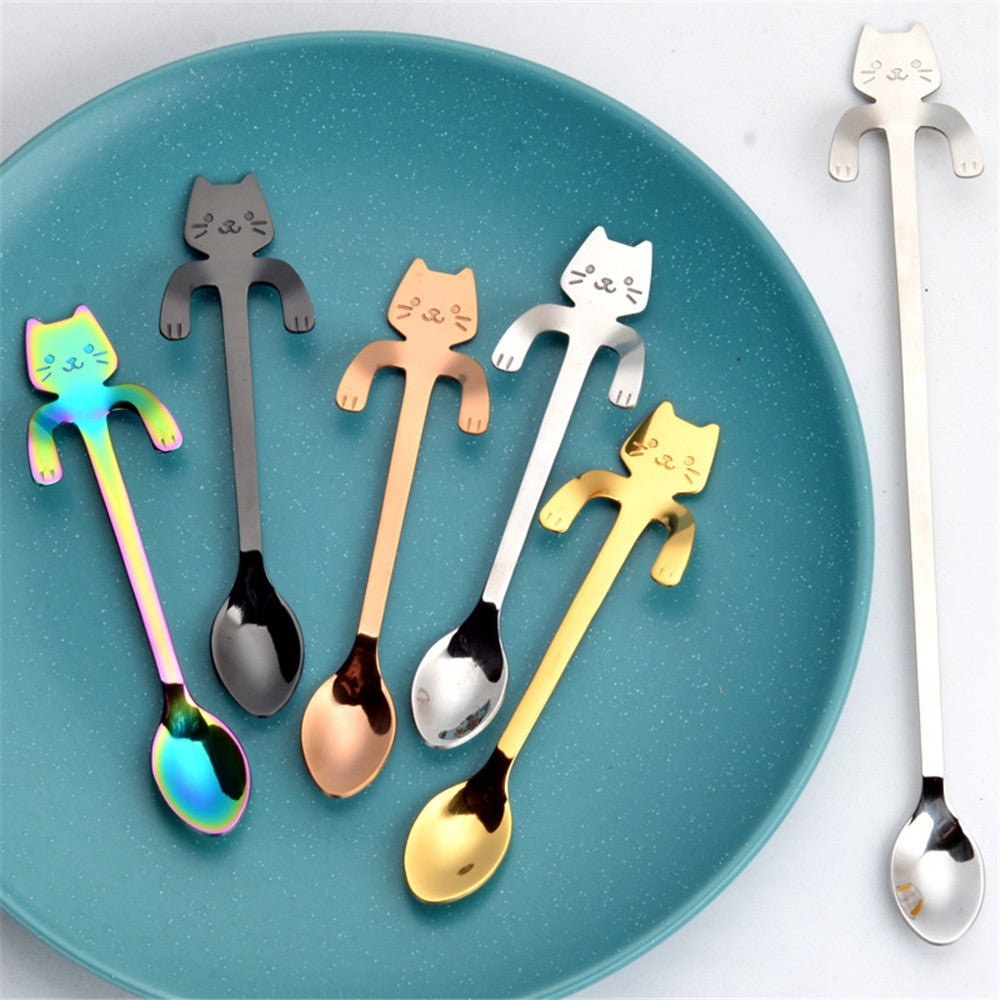 1PCS Stainless Steel Cartoon Cat Spoon Creative Coffee Spoon Ice Cream Candy Teaspoon Kitchen Su...