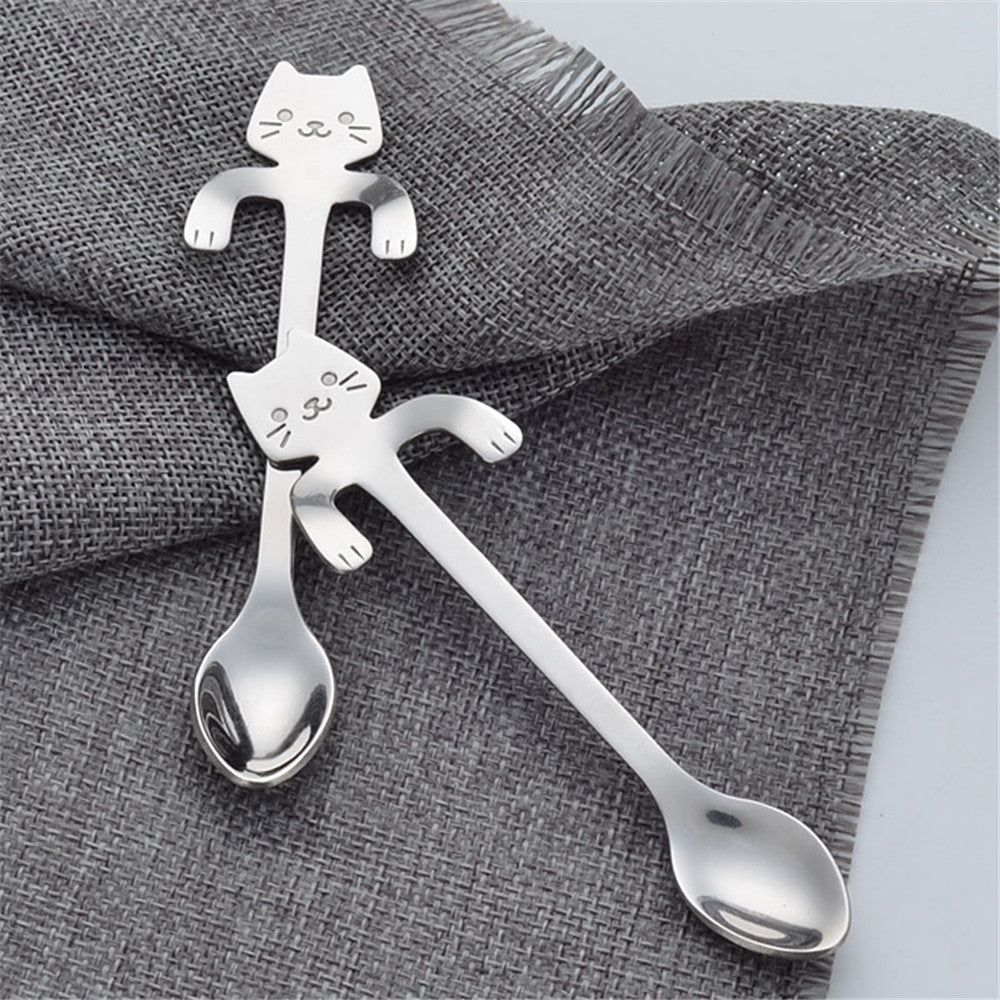 1PCS Stainless Steel Cartoon Cat Spoon Creative Coffee Spoon Ice Cream Candy Teaspoon Kitchen Su...